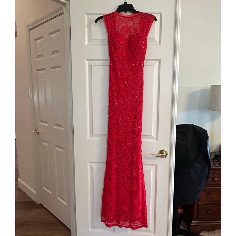 B Darlin Red Lace Sequin Prom Dress